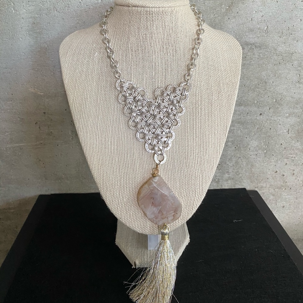 Silver Tassel and Stone Statement Necklace